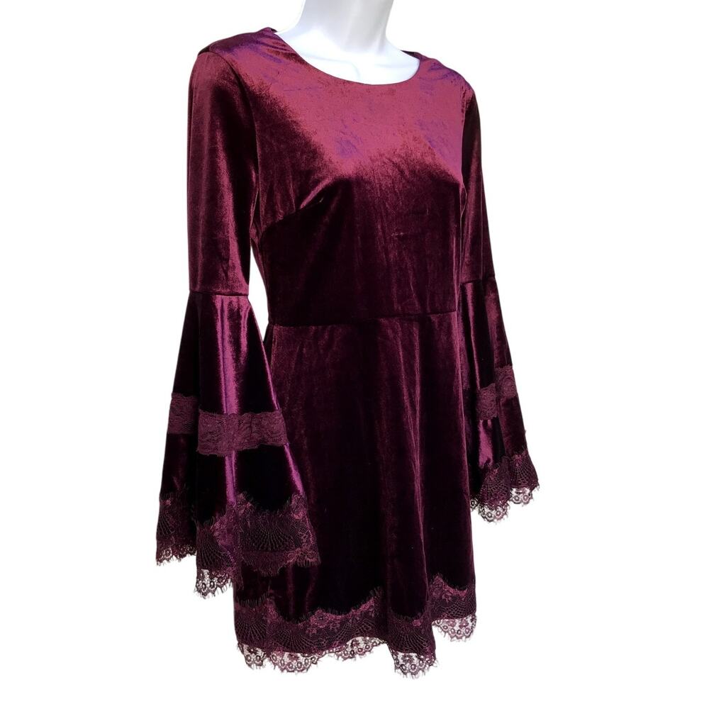 Aqua Burgundy Velvet Sheath Dress with Bell Sleeves and Lace Trim size S - Picture 7 of 9